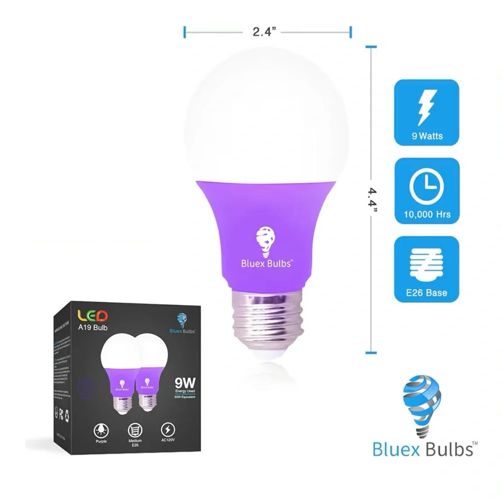 2 Pack of Purple LED Bulex Light Bulbs Perfect for Halloween or Party Lighting.